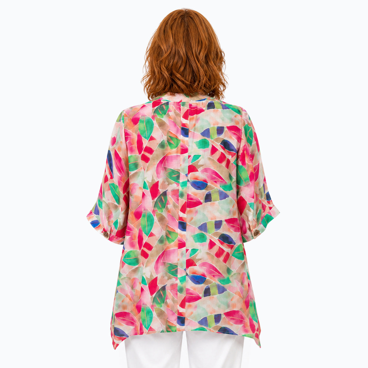 Woman wearing the Claire Powell La Peach A-Line Tunic Shirt, back view