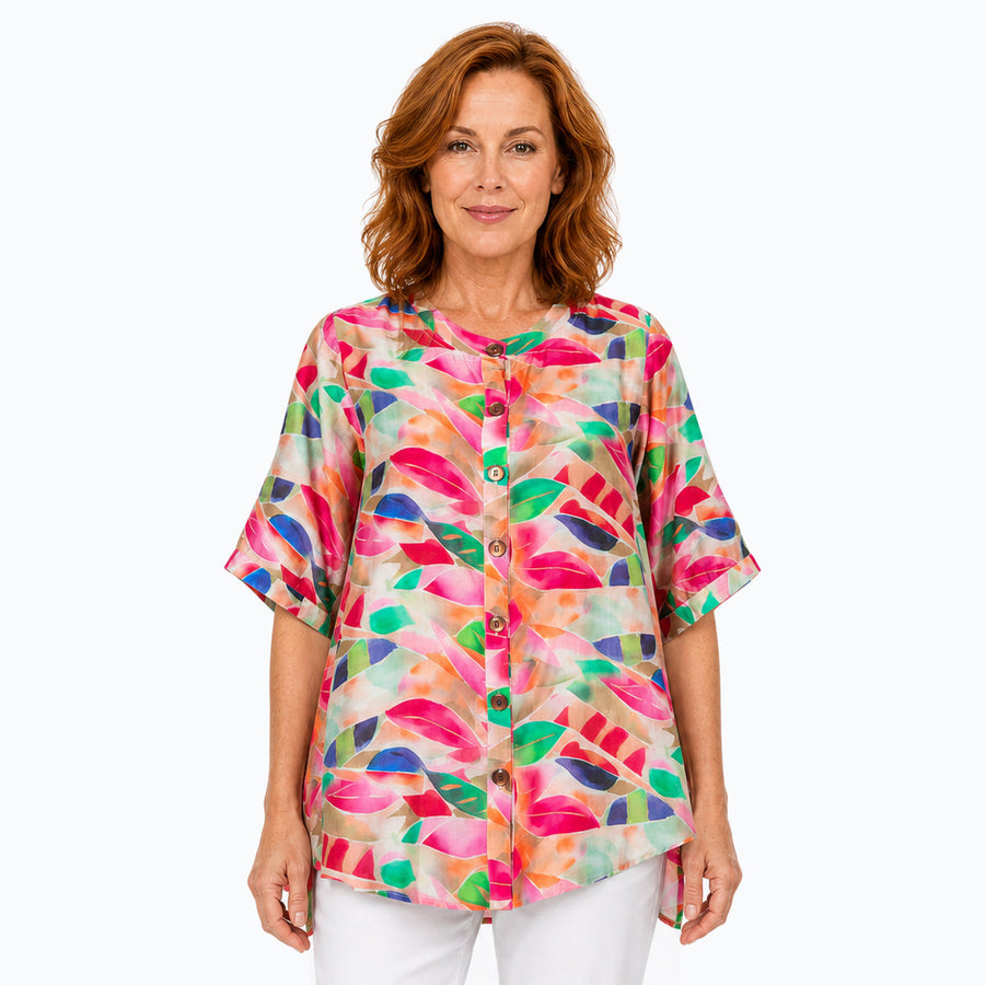 Woman wearing the Claire Powell La Peach A-Line Tunic Shirt, front view