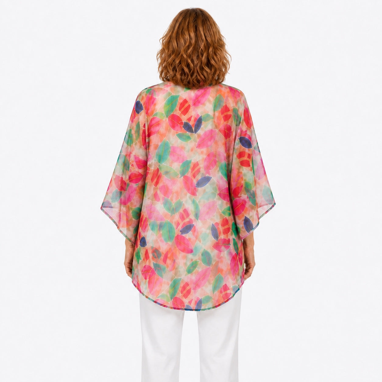 Woman wearing the Claire Powell La Peach Cotton Chiffon Kimono Cover-Up, back view