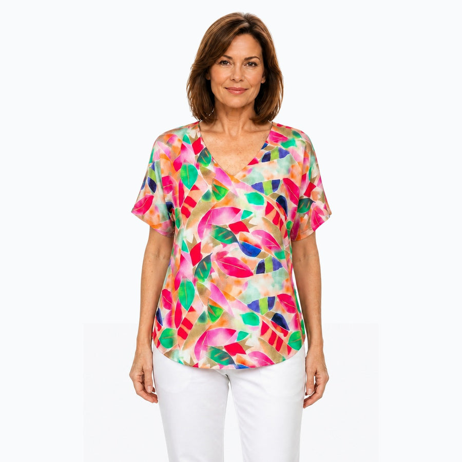 Woman wearing the Claire Powell La Peach V-Neck T-Shirt, front view