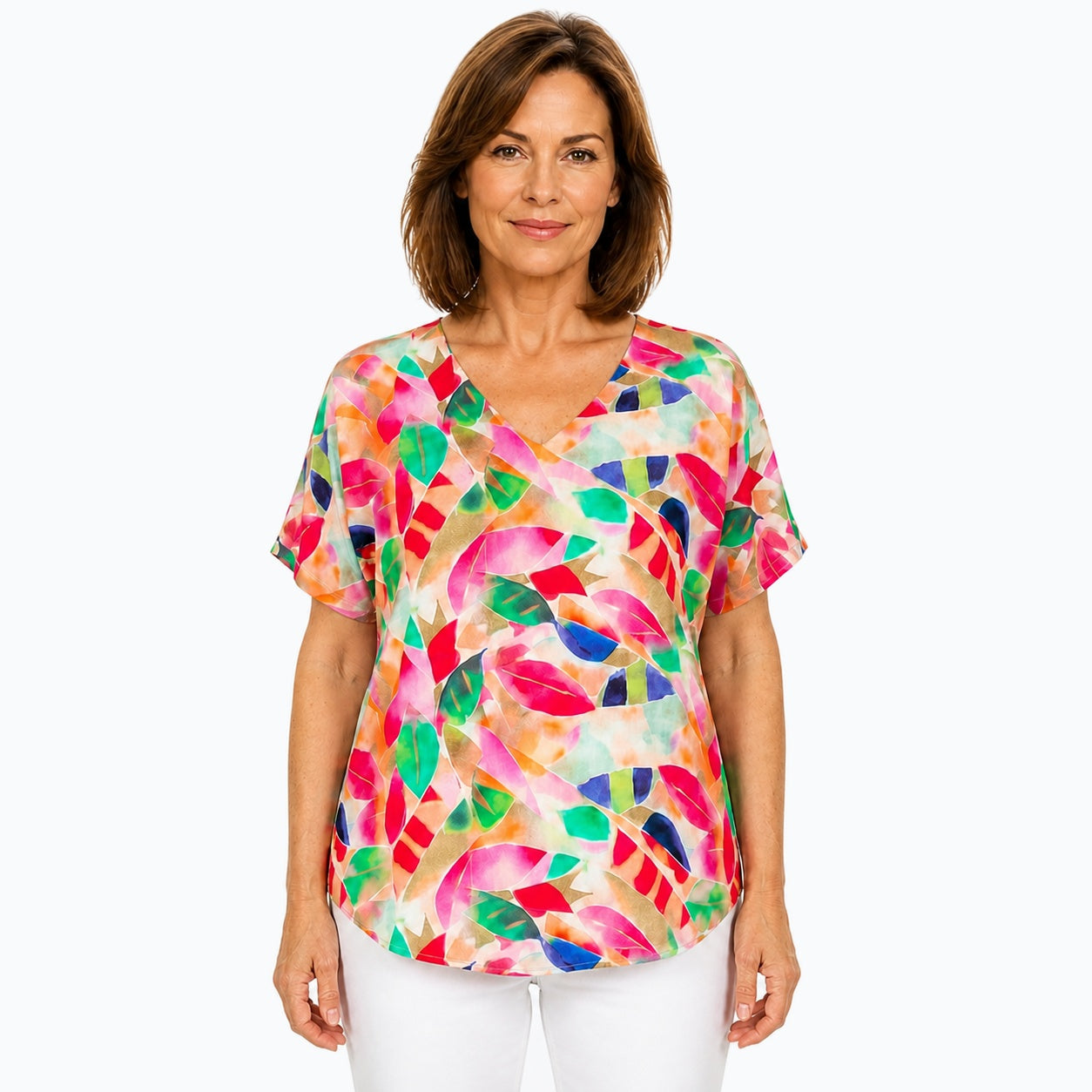 Woman wearing the Claire Powell La Peach V-Neck T-Shirt, front view