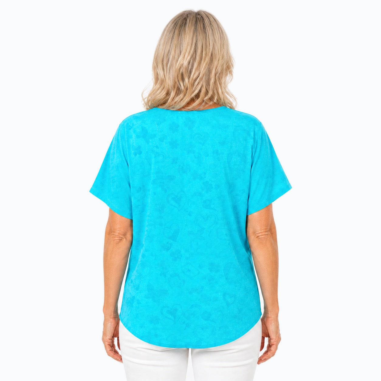 Woman wearing the Claire Powell Love Aqua V-Neck T-Shirt, back view