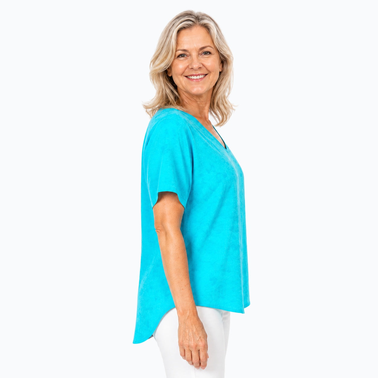 Woman wearing the Claire Powell Love Aqua V-Neck T-Shirt, side view