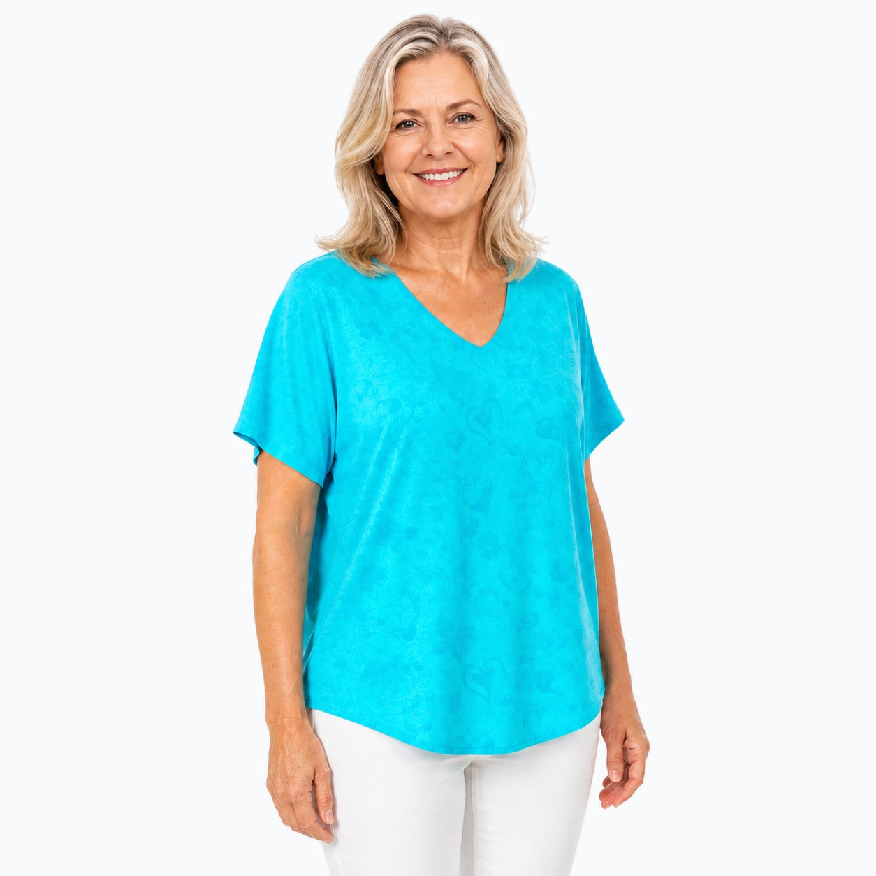 Woman wearing the Claire Powell Love Aqua V-Neck T-Shirt, three-quarter view