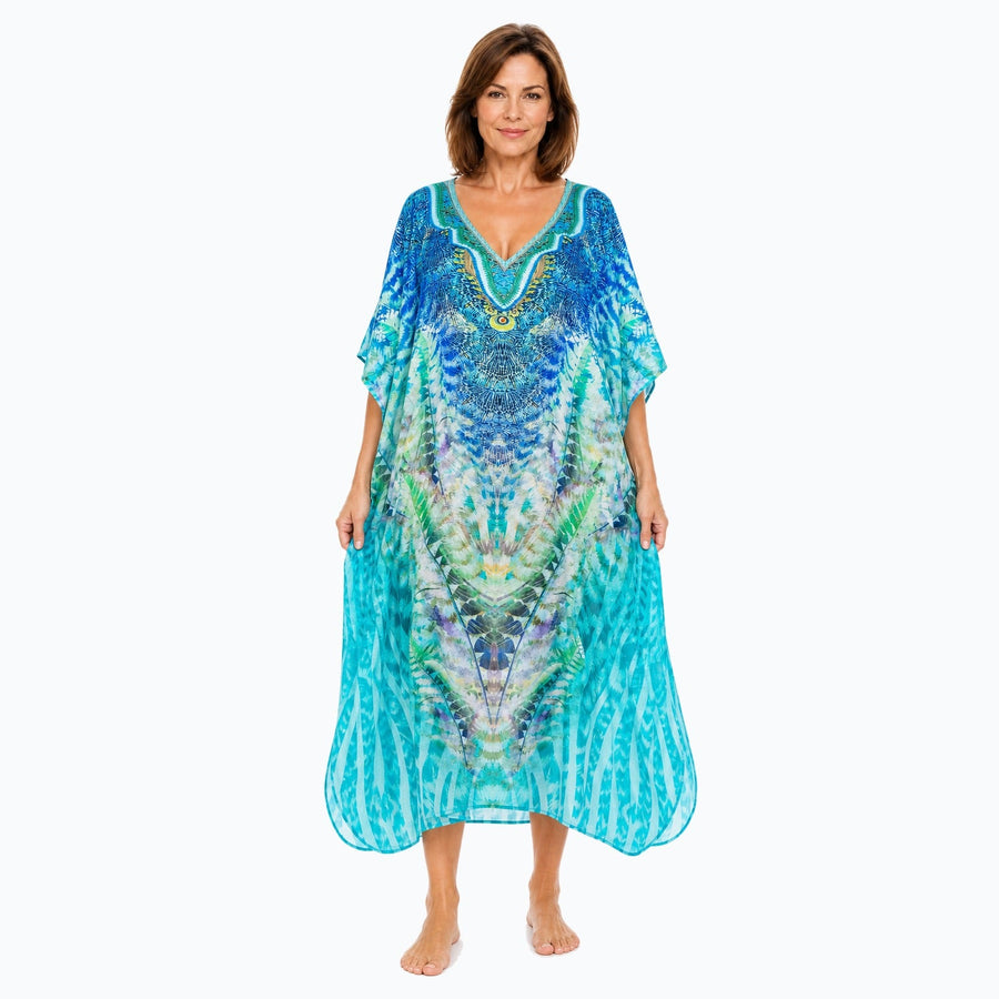Claire Powell Marine midi kaftan dress on a mature woman, front view