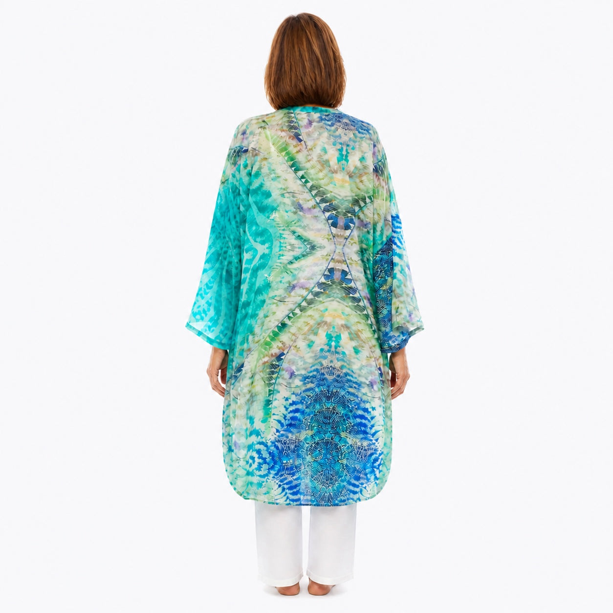 Woman wearing the Claire Powell Marine Modal Kimono Cover-Up, back view