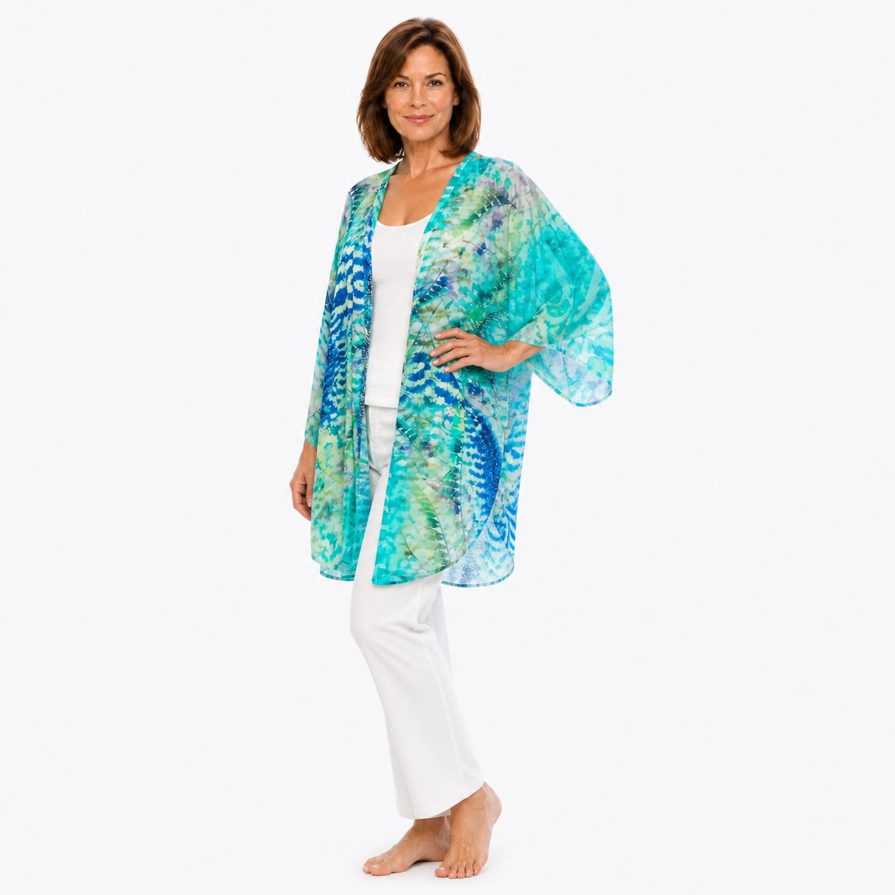 Woman wearing the Claire Powell Marine Modal Kimono Cover-Up, fashion pose