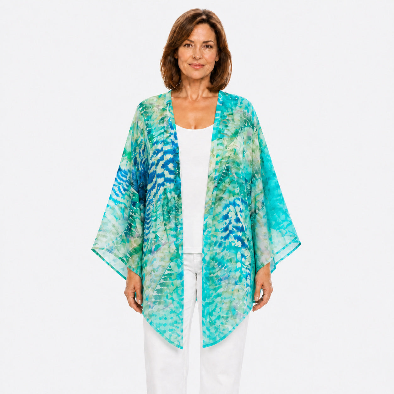Woman wearing the Claire Powell Marine Modal Kimono Cover-Up, front view