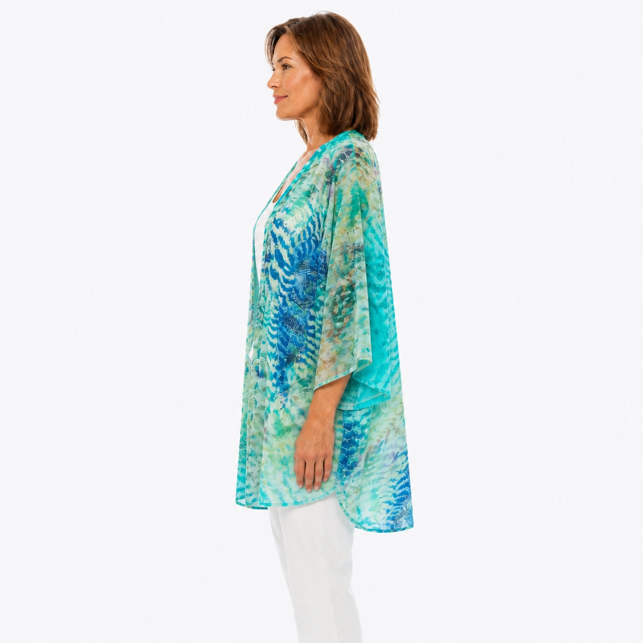 Woman wearing the Claire Powell Marine Modal Kimono Cover-Up, side view