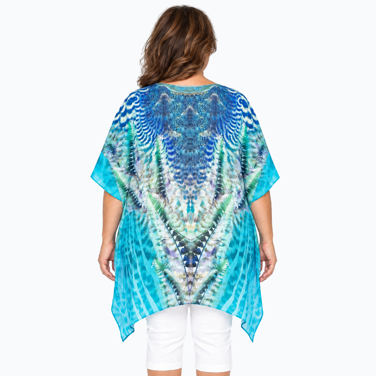 Woman wearing the Claire Powell Marine Plus Size Kaftan Top, back view