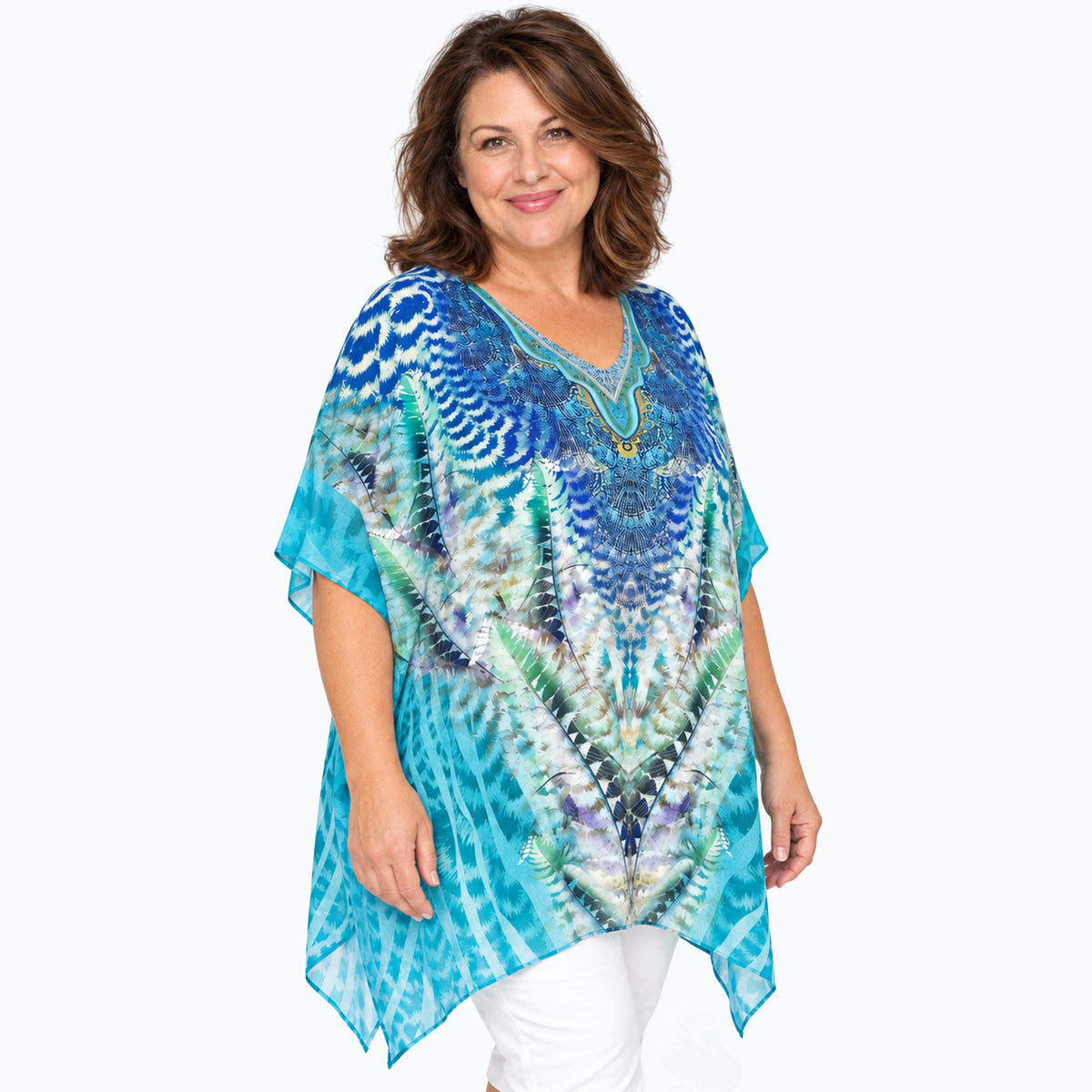 Woman wearing the Claire Powell Marine Plus Size Kaftan Top, three-quarter view