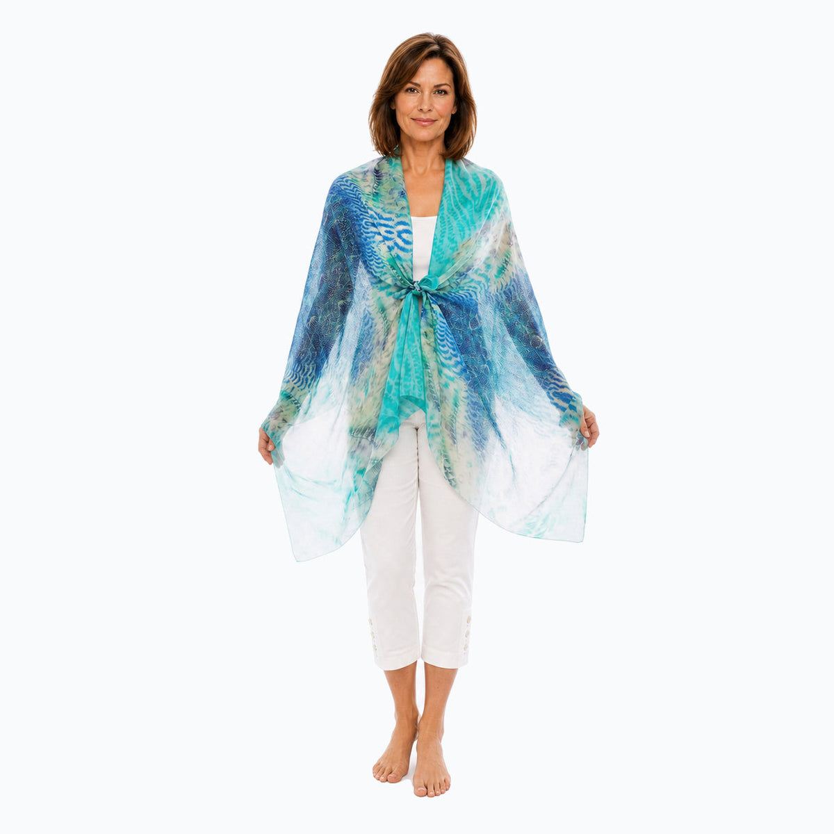 Full-length front view of the Claire Powell Marine scarf with white capri pants and bare feet