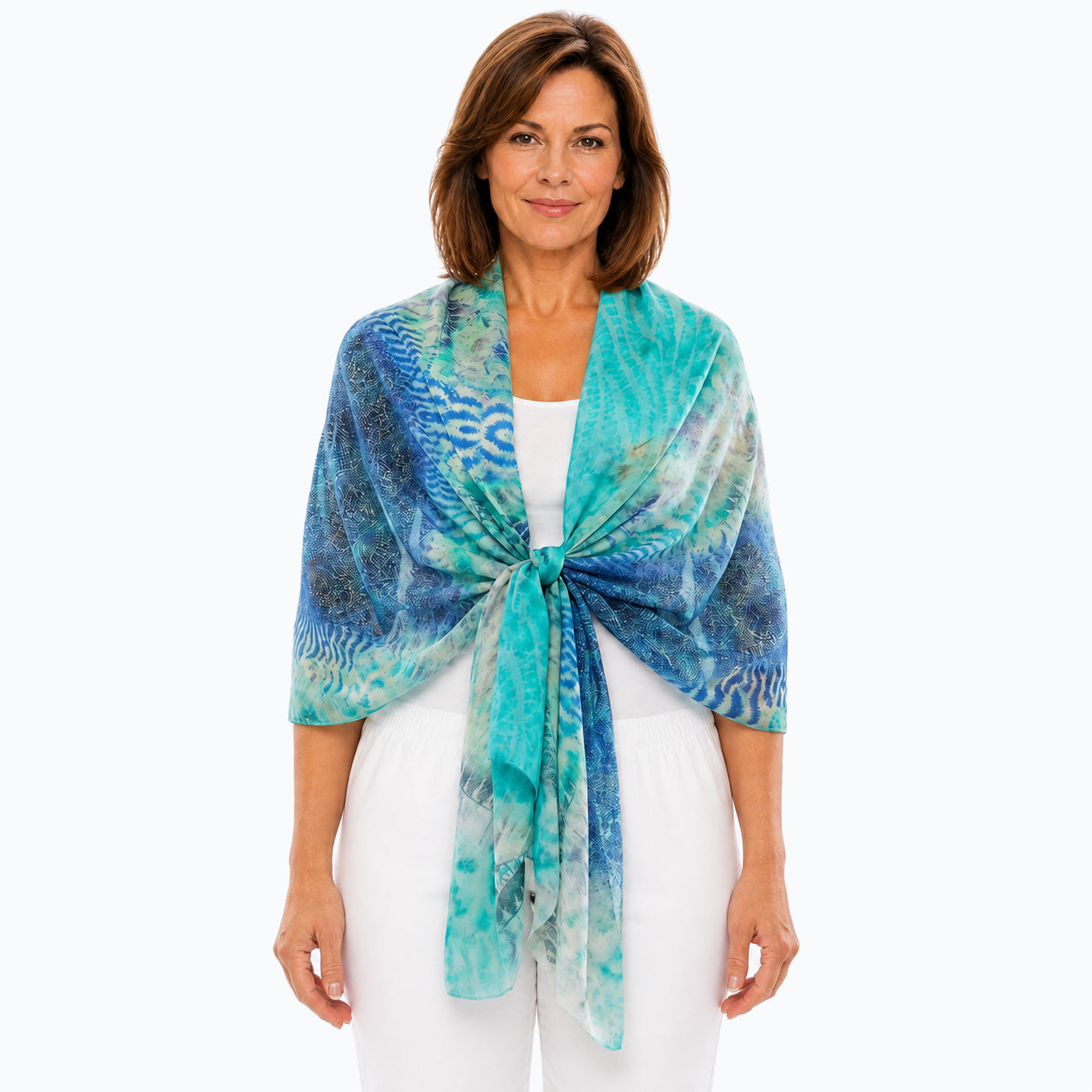 Claire Powell Marine scarf folded and tied as a shorter shoulder wrap