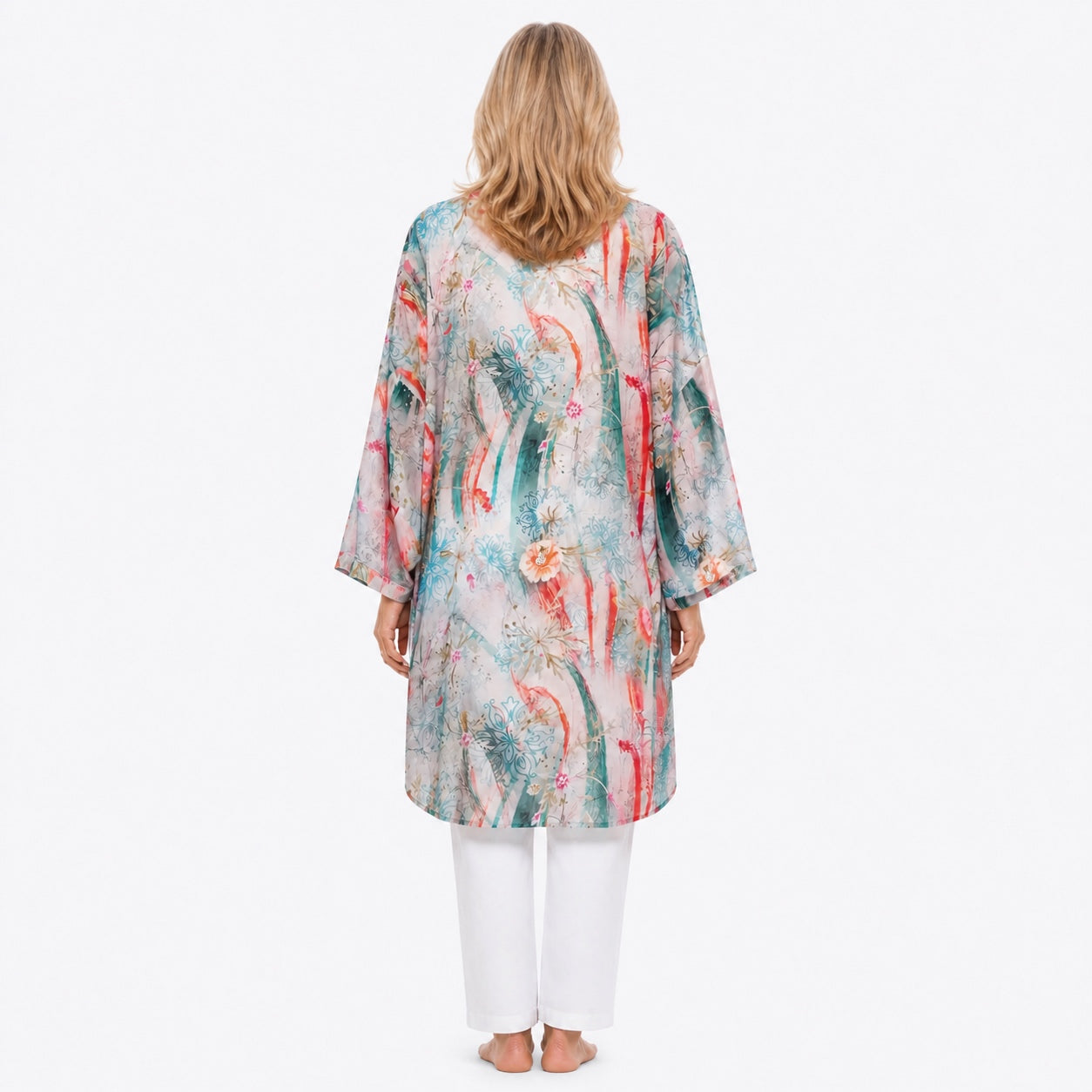 Woman wearing the Claire Powell Meadow Modal Kimono Cover-Up, back view
