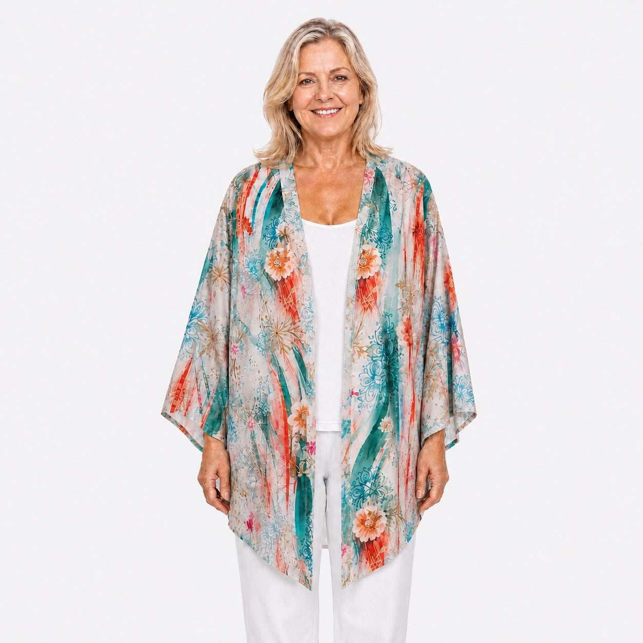 Woman wearing the Claire Powell Meadow Modal Kimono Cover-Up, front view