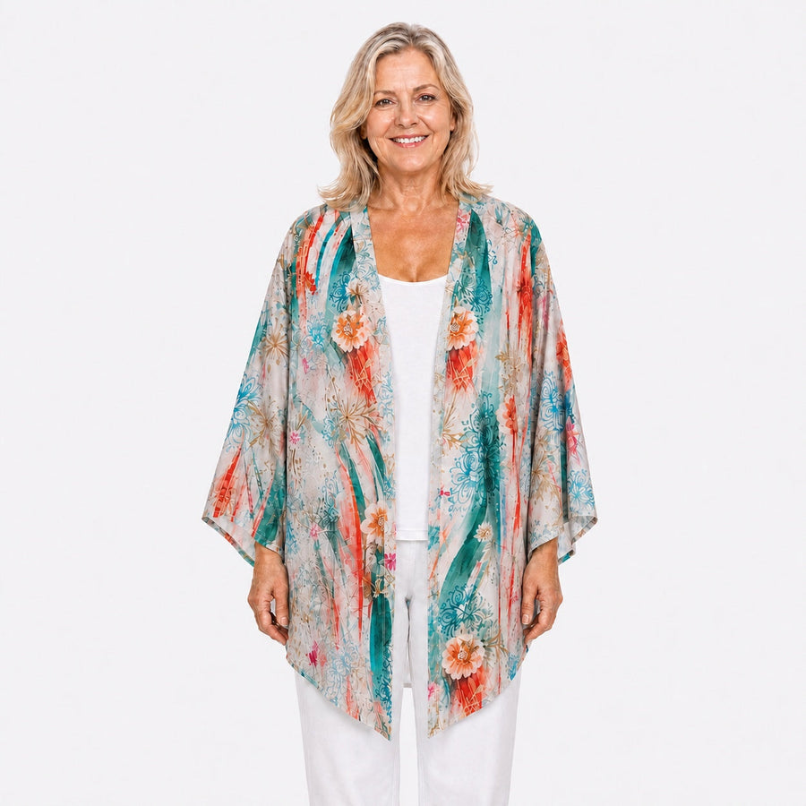 Woman wearing the Claire Powell Meadow Modal Kimono Cover-Up, front view