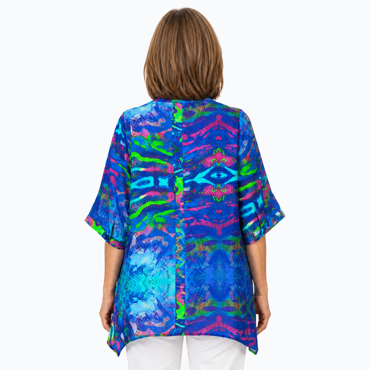 Woman wearing the Claire Powell Mirage A-Line Tunic Shirt, back view