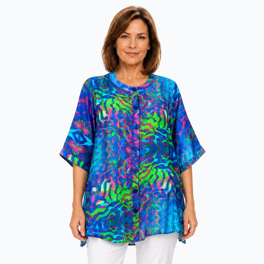 Woman wearing the Claire Powell Mirage A-Line Tunic Shirt, front view