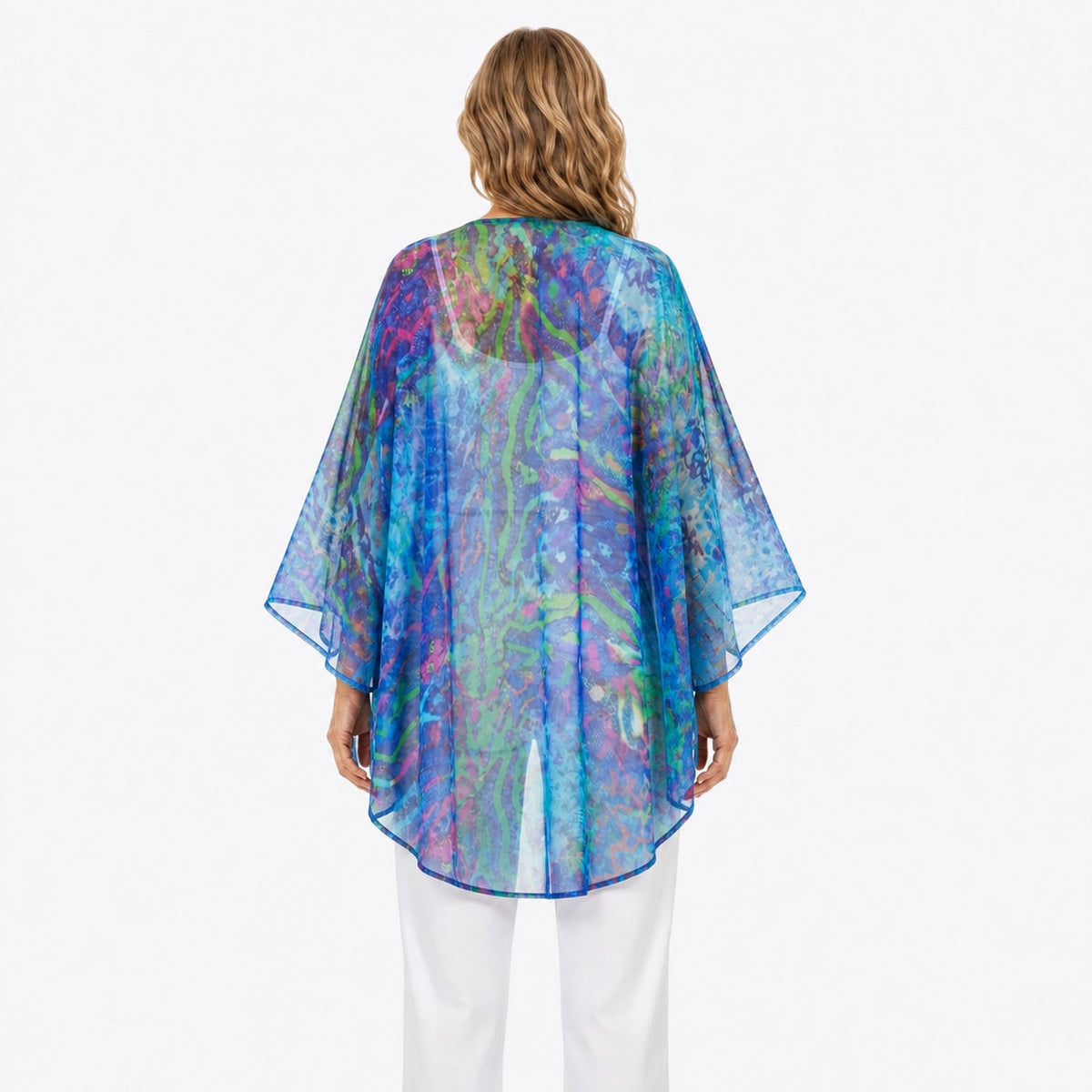 Woman wearing the Claire Powell Mirage Cotton Chiffon Kimono Cover-Up, back view