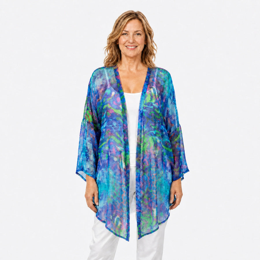 Woman wearing the Claire Powell Mirage Cotton Chiffon Kimono Cover-Up, front view