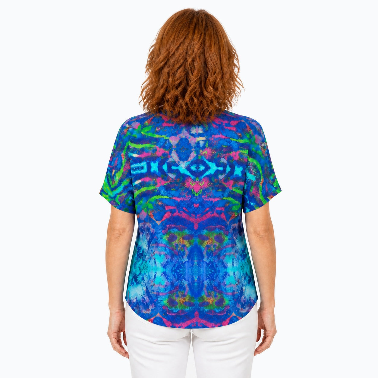 Woman wearing the Claire Powell Mirage V-Neck T-Shirt, back view