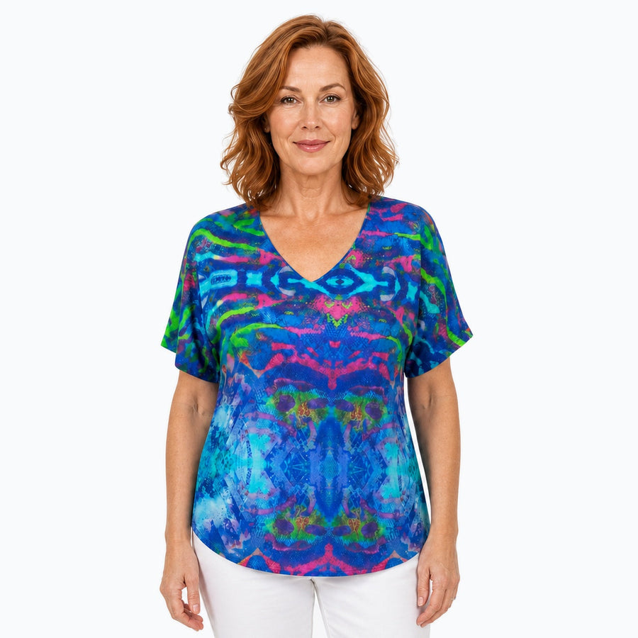 Woman wearing the Claire Powell Mirage V-Neck T-Shirt, front view