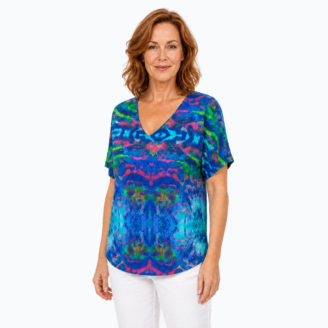 Woman wearing the Claire Powell Mirage V-Neck T-Shirt, three-quarter view