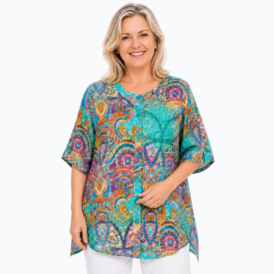 Woman wearing the Claire Powell Mosaic A-Line Tunic Shirt, front view