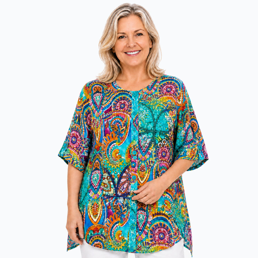Woman wearing the Claire Powell Mosaic A-Line Tunic Shirt, front view