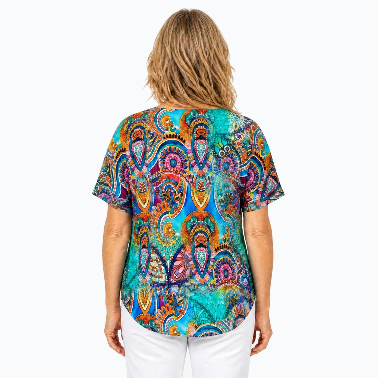 Woman wearing the Claire Powell Mosaic V-Neck T-Shirt, back view