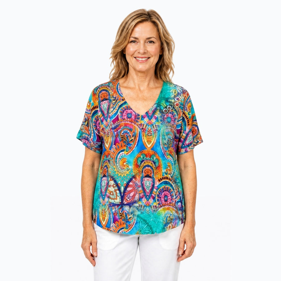 Woman wearing the Claire Powell Mosaic V-Neck T-Shirt, front view
