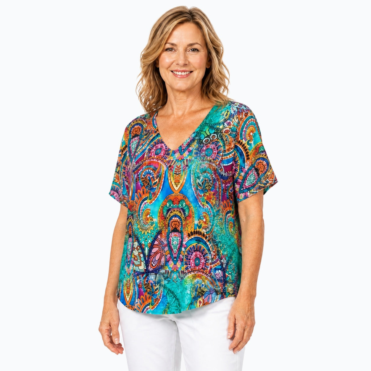 Woman wearing the Claire Powell Mosaic V-Neck T-Shirt, three-quarter view