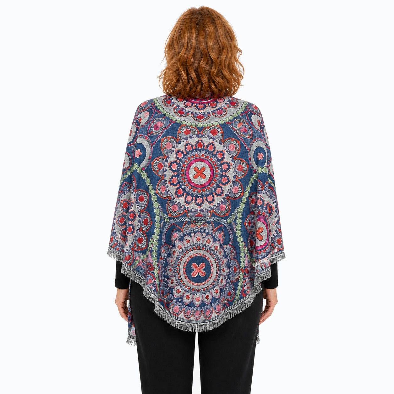 Woman wearing the Claire Powell Night Blue Wool Shawl, back view