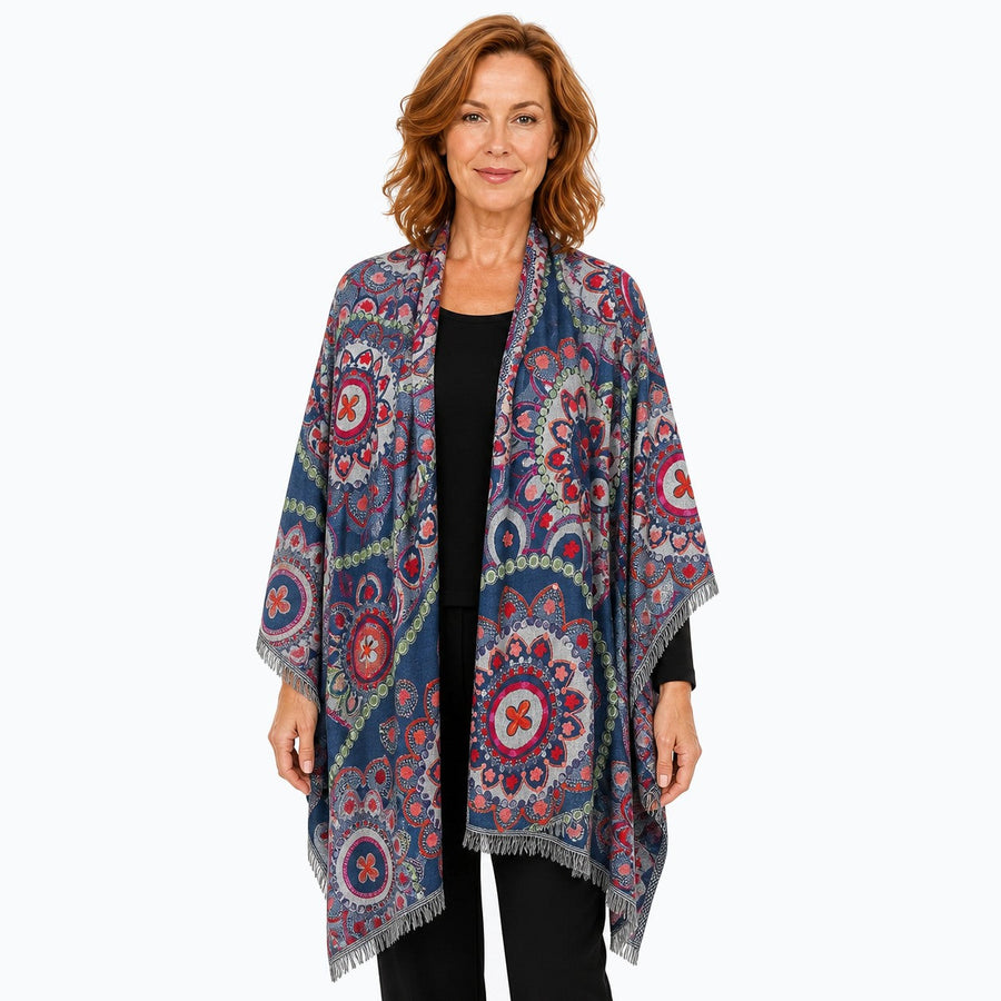 Woman wearing the Claire Powell Night Blue Wool Shawl, front view