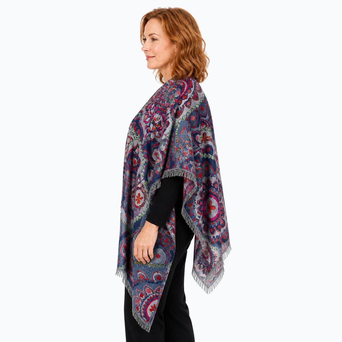 Woman wearing the Claire Powell Night Blue Wool Shawl, side view