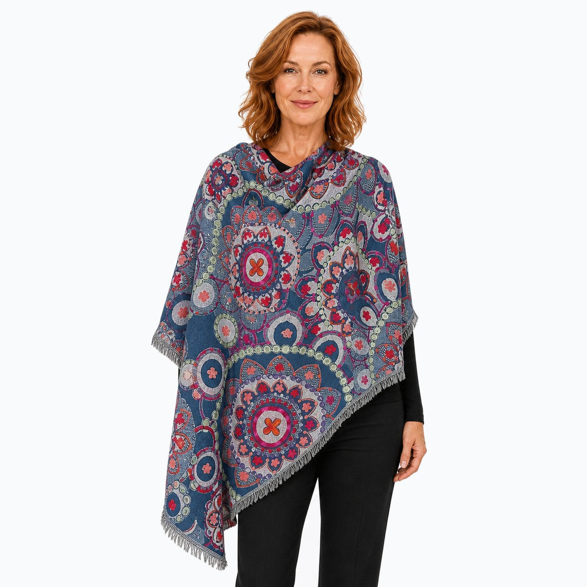 Woman wearing the Claire Powell Night Blue Wool Shawl, three-quarter view