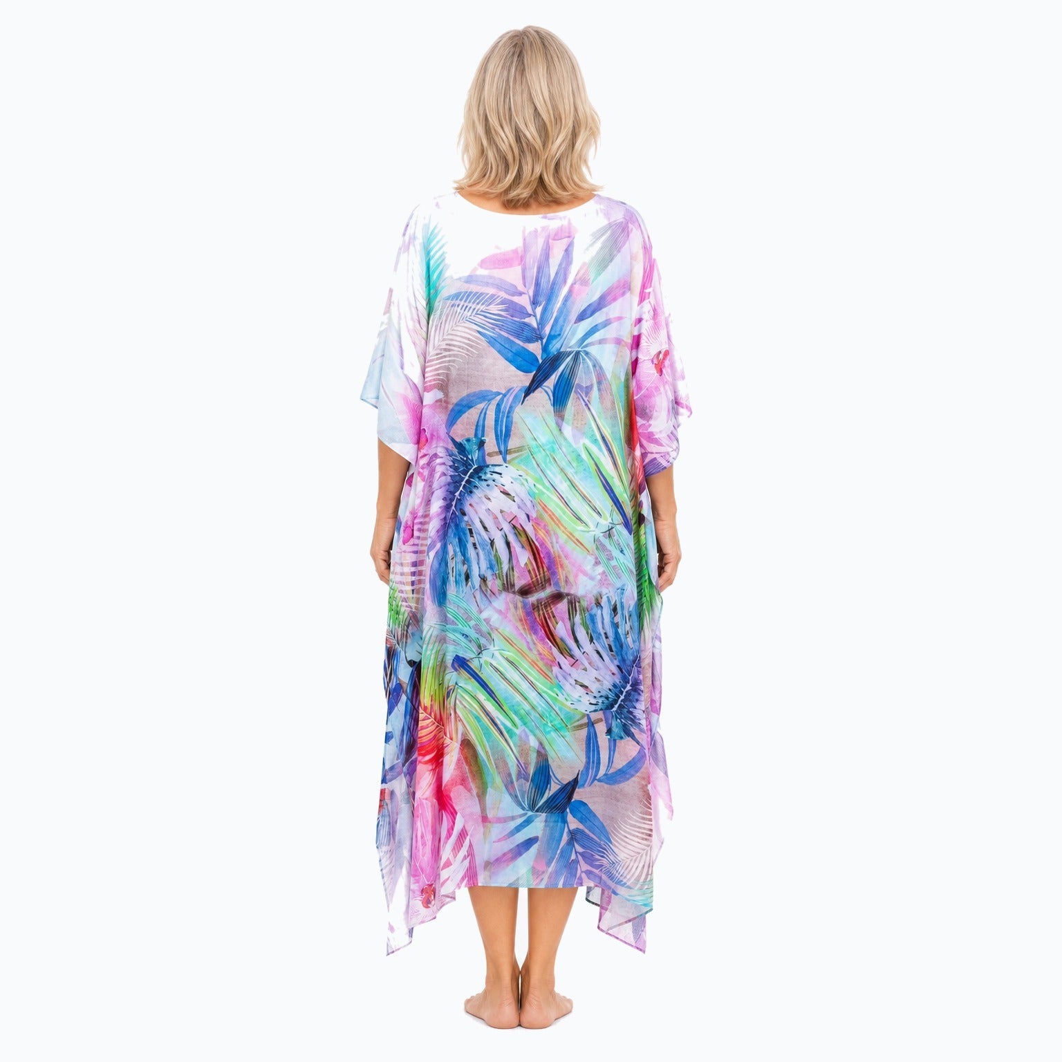 Claire Powell Oasis midi kaftan dress on a mature woman, back view