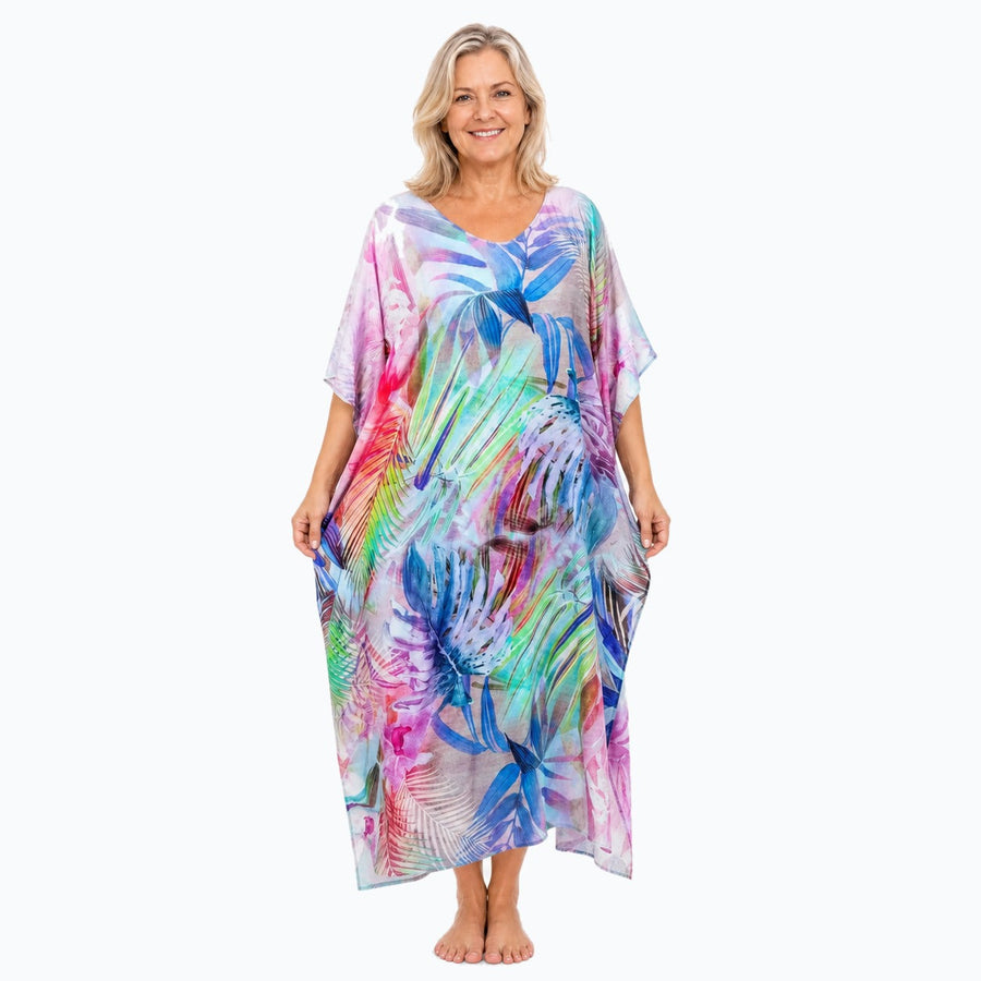 Claire Powell Oasis midi kaftan dress on a mature woman, front view