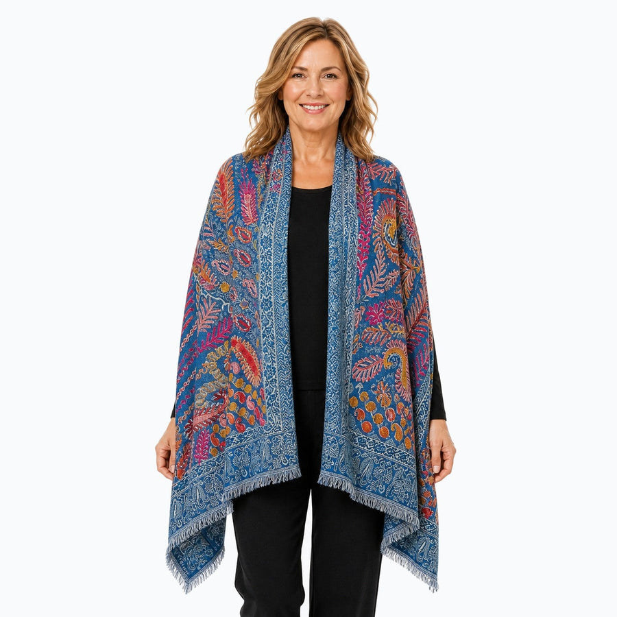 Woman wearing the Claire Powell Ocean Wool Shawl, front view