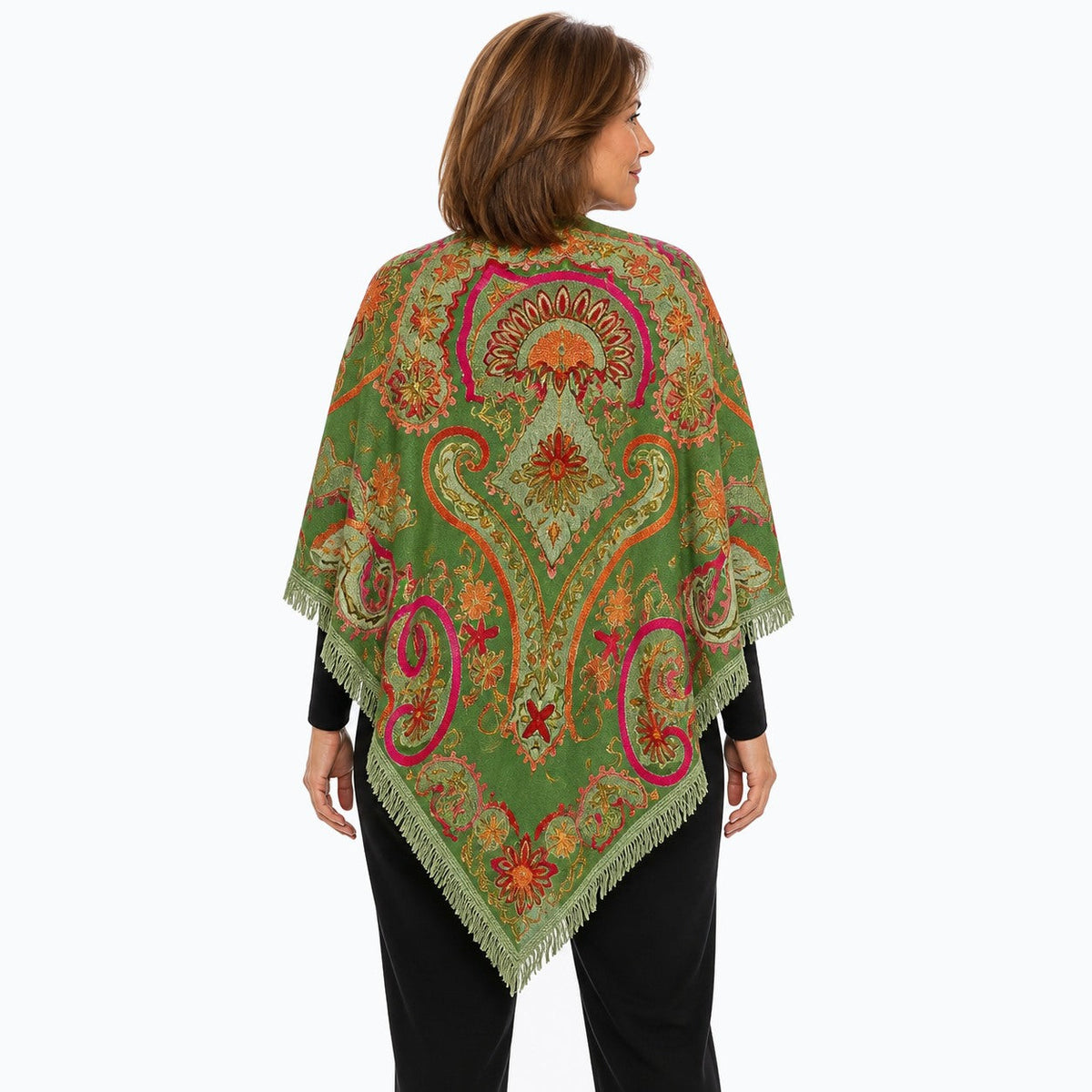 Woman wearing the Claire Powell Olive Wool Shawl, back view
