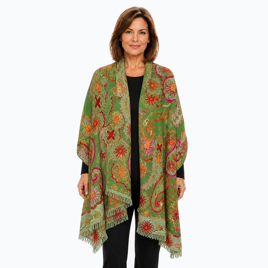 Woman wearing the Claire Powell Olive Wool Shawl, front view