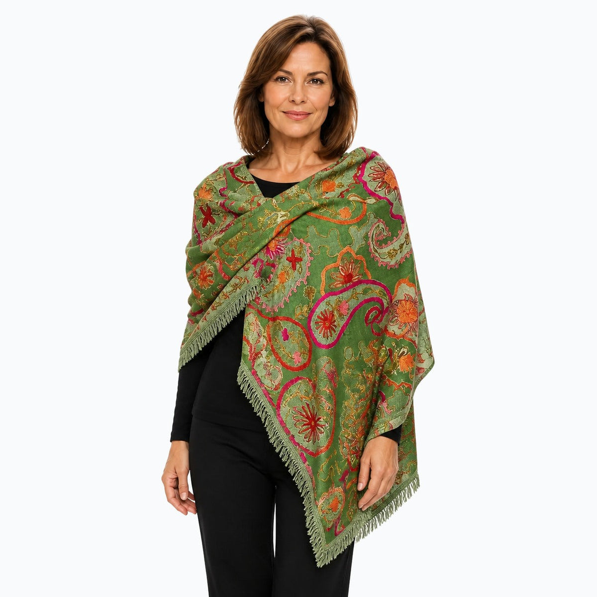 Woman wearing the Claire Powell Olive Wool Shawl, three-quarter view