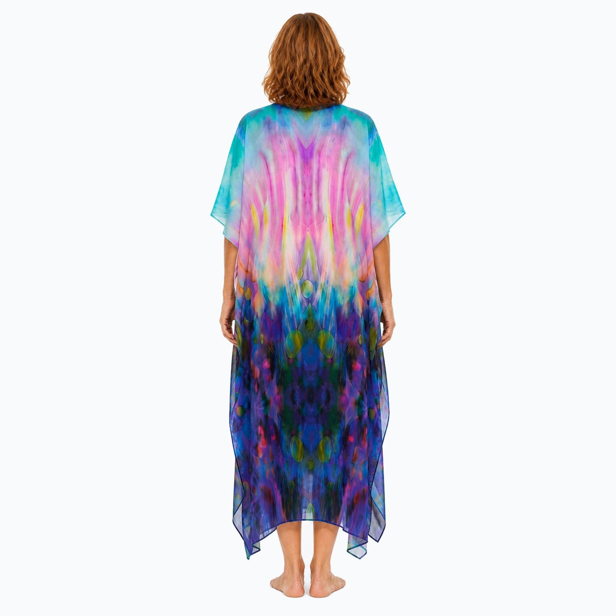 Claire Powell Opulence midi kaftan dress on a mature woman, back view