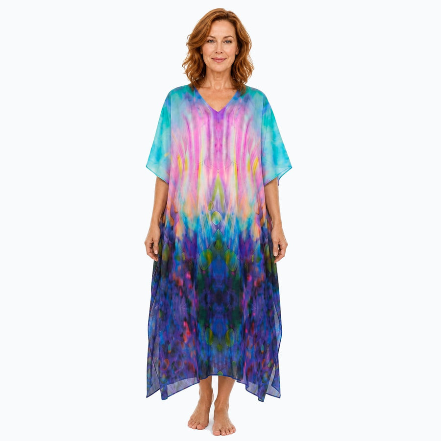 Claire Powell Opulence midi kaftan dress on a mature woman, front view