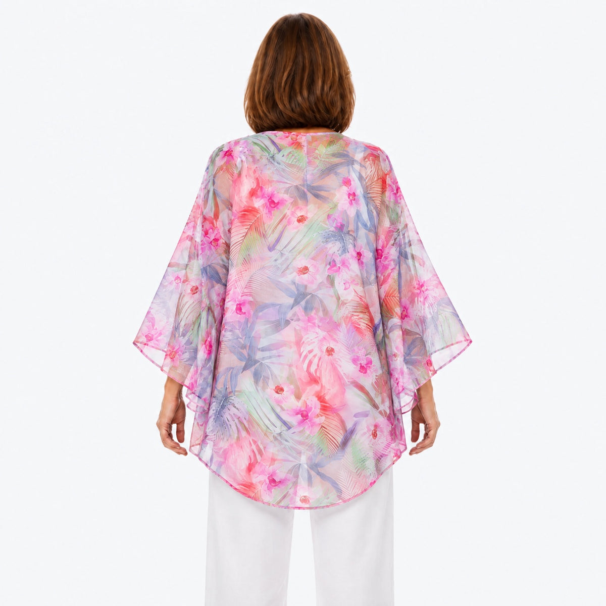 Woman wearing the Claire Powell Orchid Cotton Chiffon Kimono Cover-Up, back view