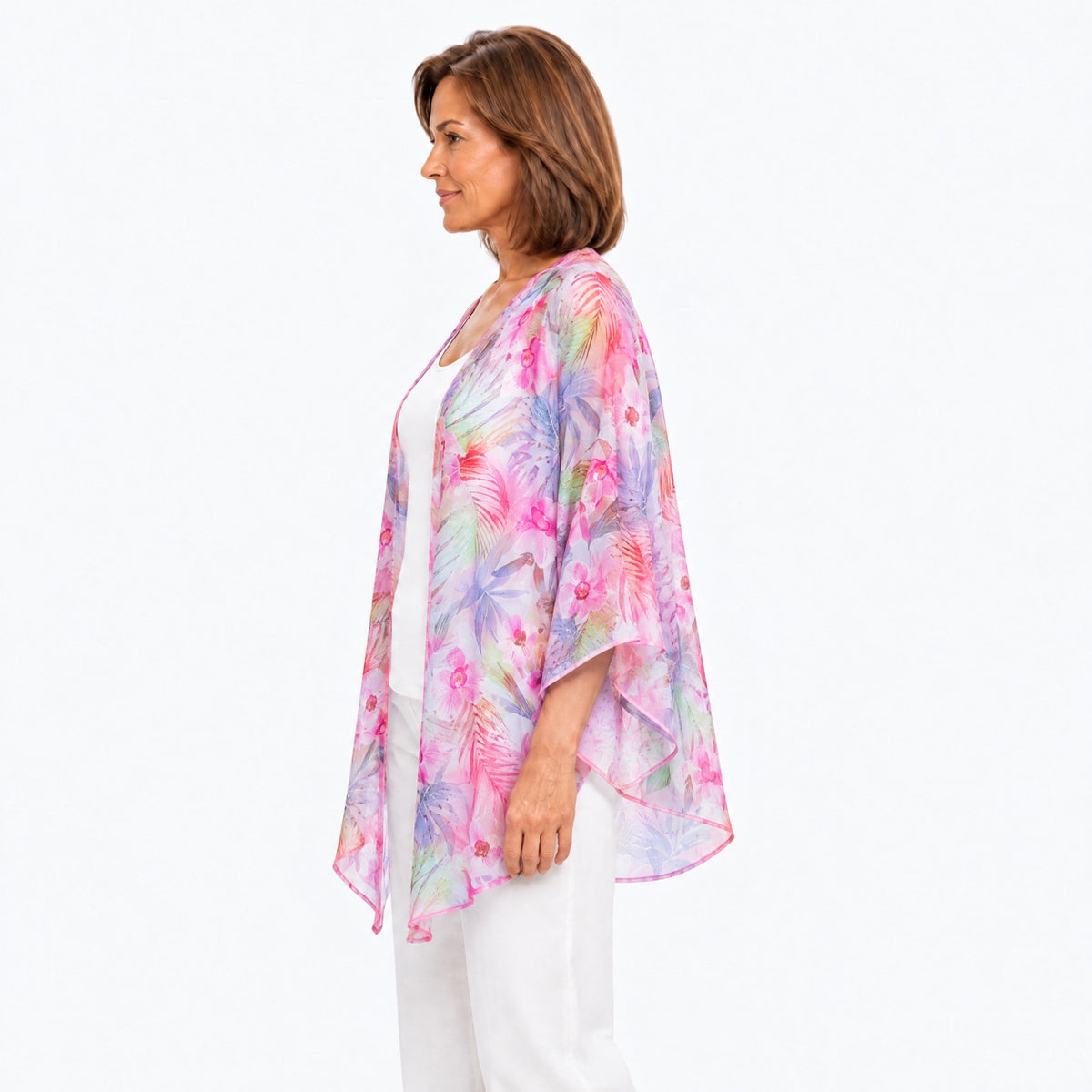 Woman wearing the Claire Powell Orchid Cotton Chiffon Kimono Cover-Up, side view