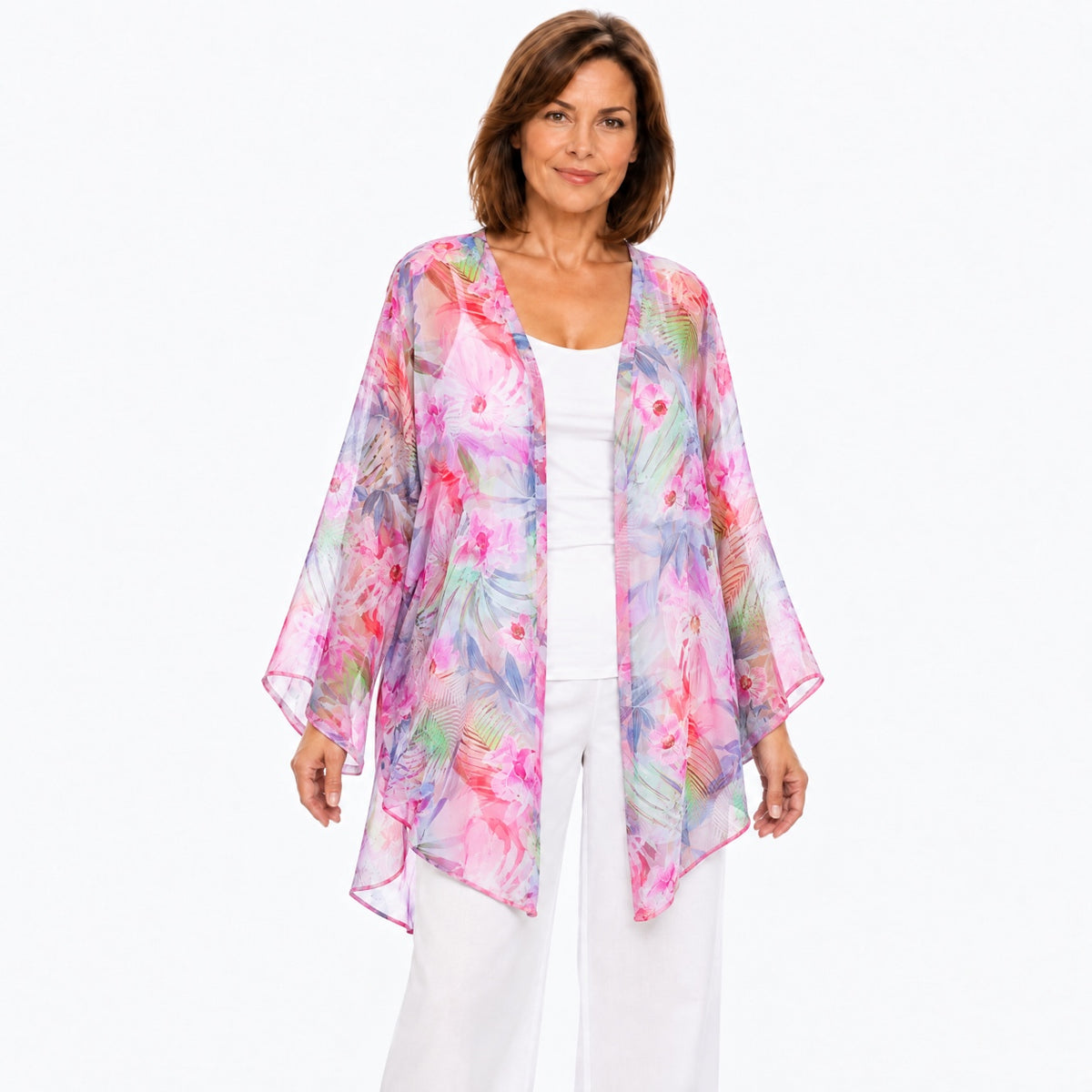Woman wearing the Claire Powell Orchid Cotton Chiffon Kimono Cover-Up, three-quarter view