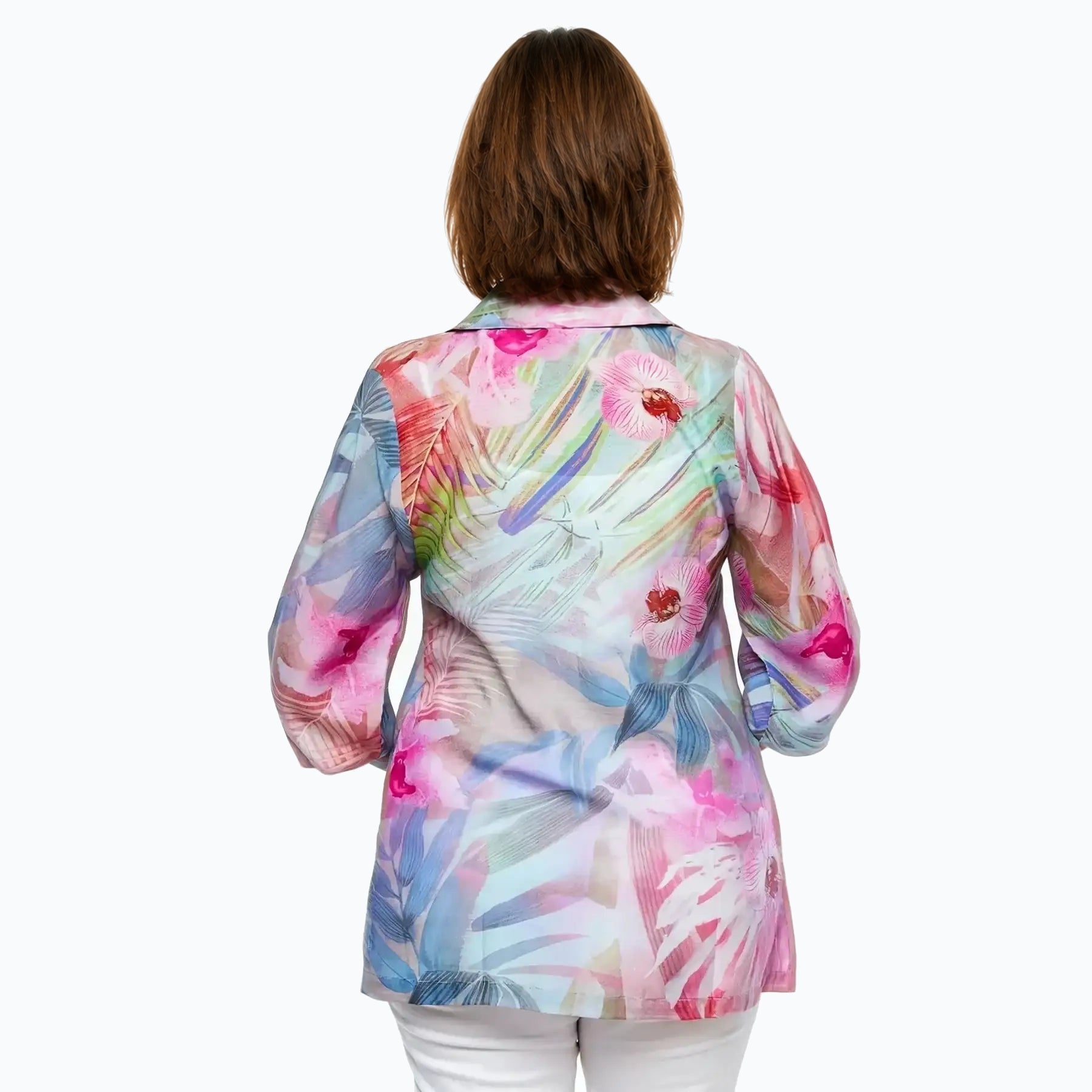 Model A wearing the Claire Powell Orchid Collared Silk Shirt, back view