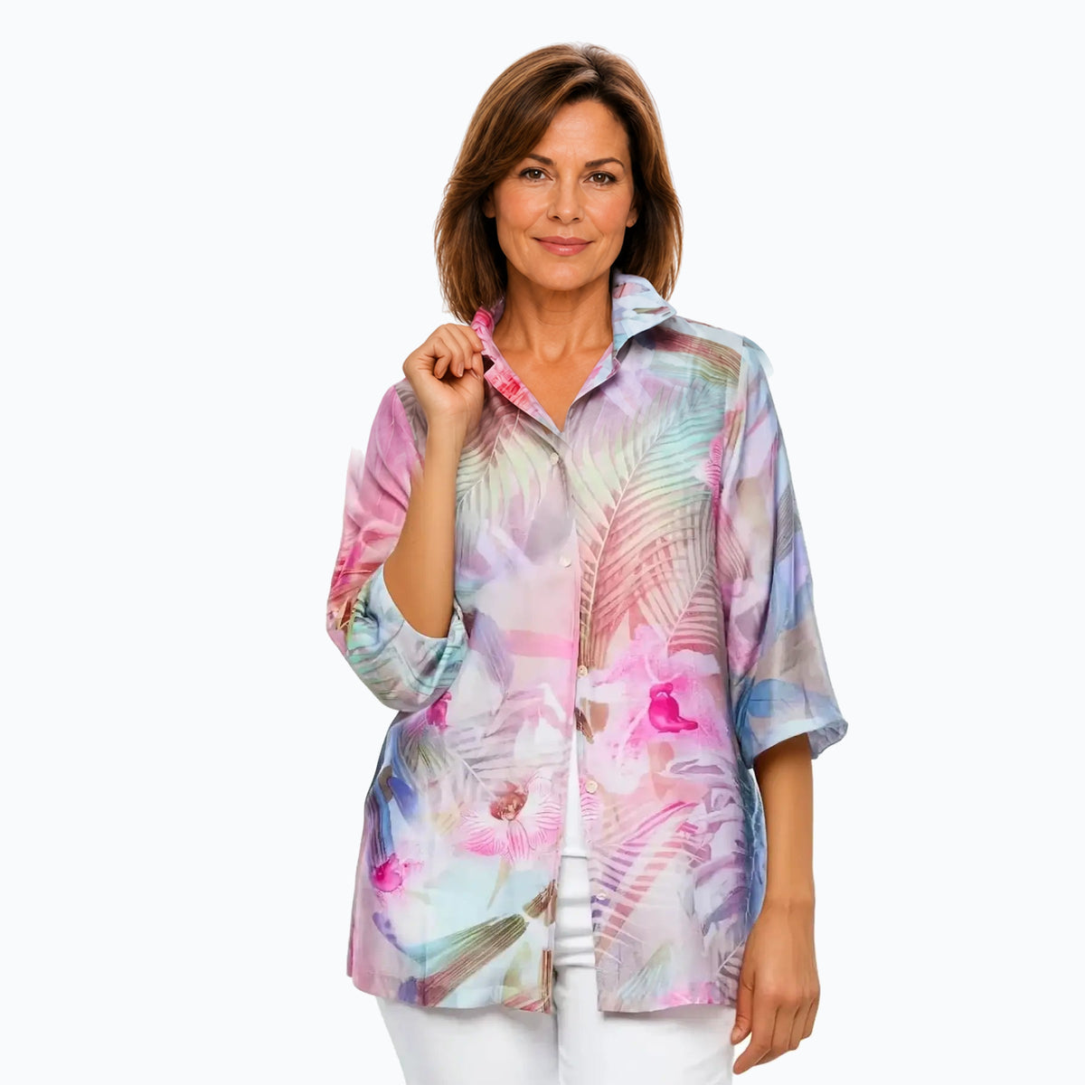 Model A wearing the Claire Powell Orchid Collared Silk Shirt, front view
