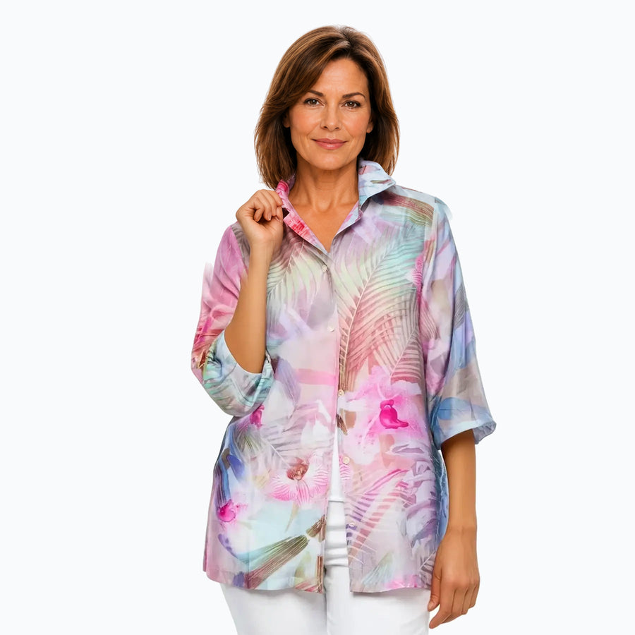 Model A wearing the Claire Powell Orchid Collared Silk Shirt, front view